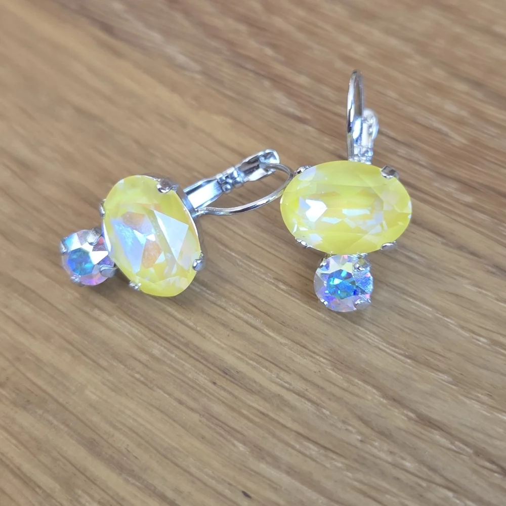 Silver Leverback Earrings with Yellow Sunshine Delite Crystals - Hand Crafted